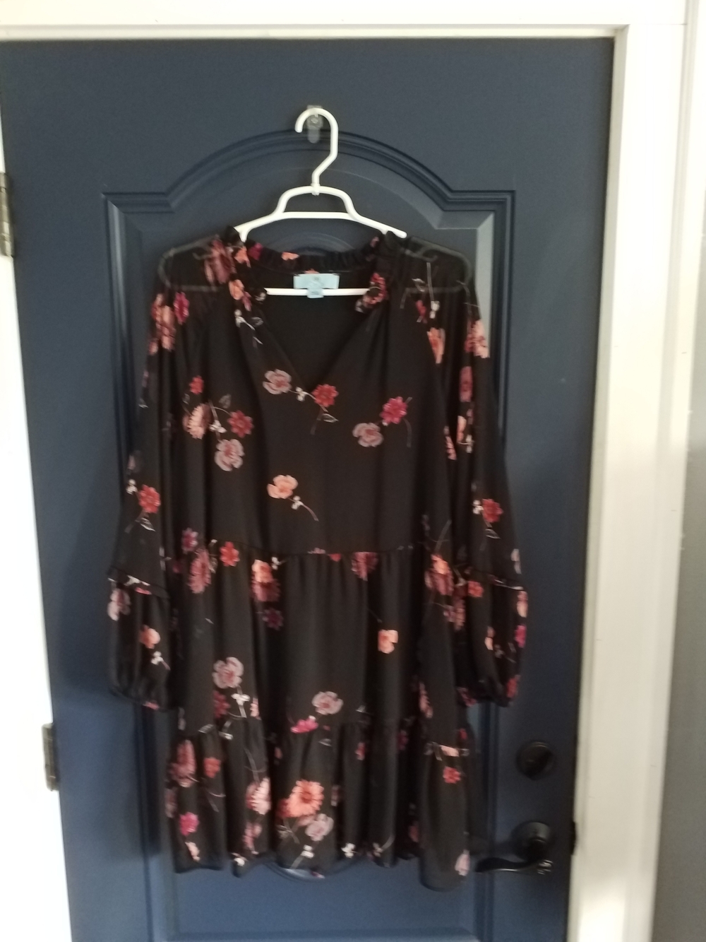 CeCe Black Floral Tiered Long-Sleeve Dress with Pink and Coral Blooms